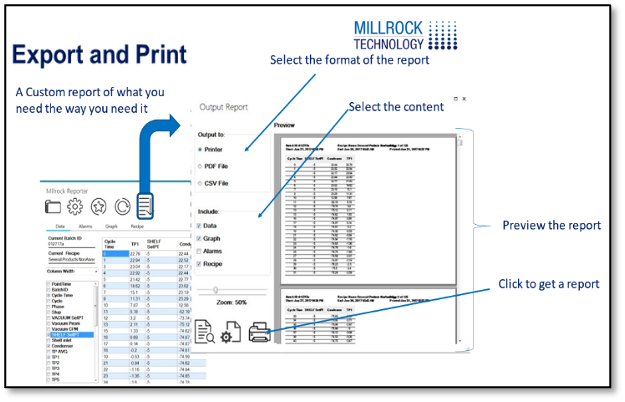 Millrock Reporter enables numerical and graph reporting as simple or as inclusive as you need and to change those requirements on the fly.