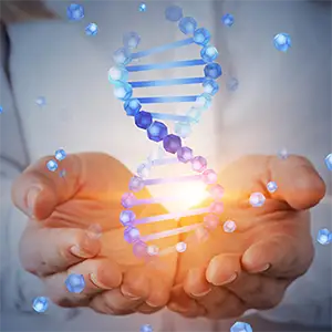 An illustration of a pair of hands holding a DNA sequence